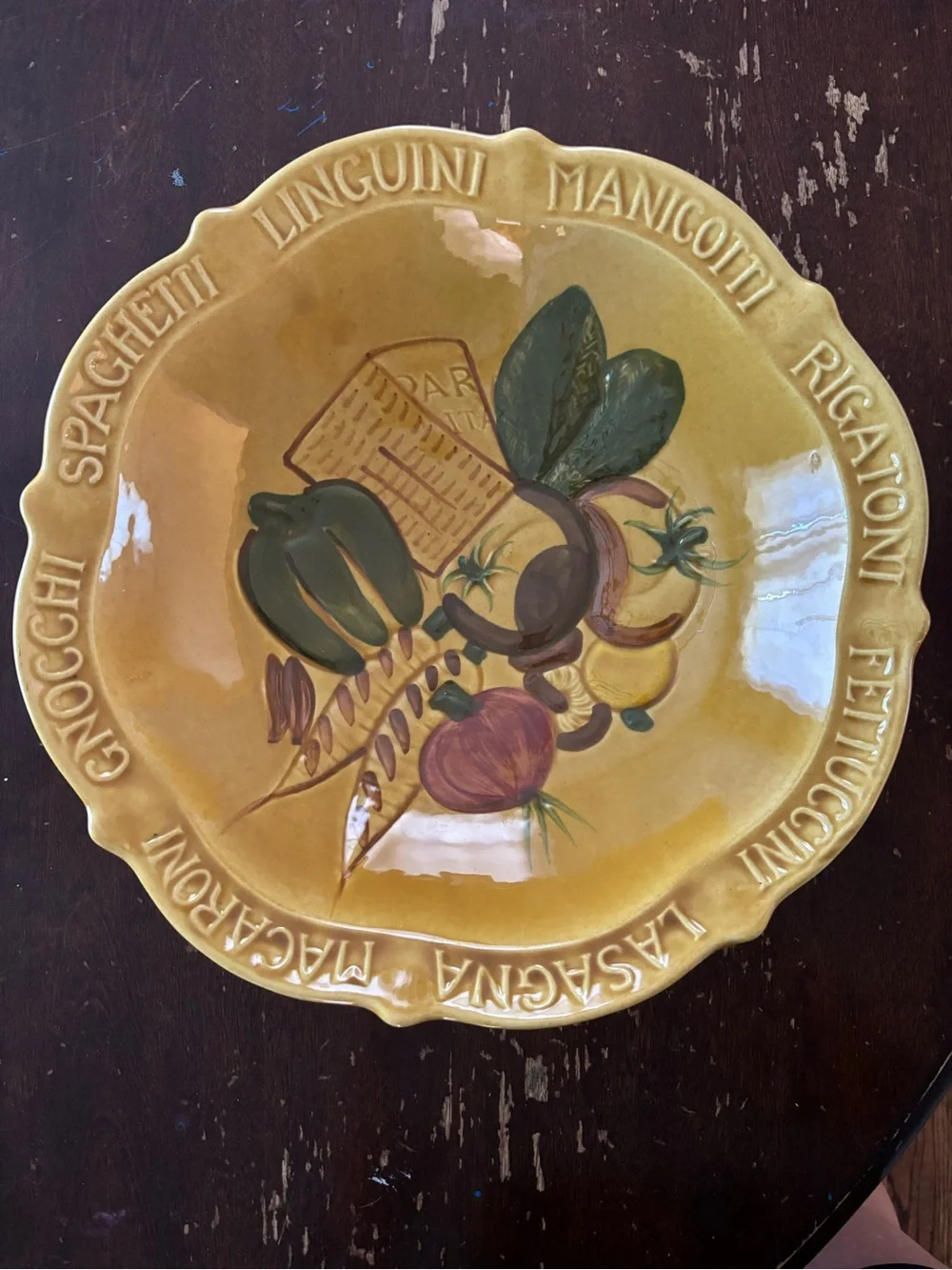 Vintage 14-3/8” California Pottery harvest gold pasta/serving ceramic bowl